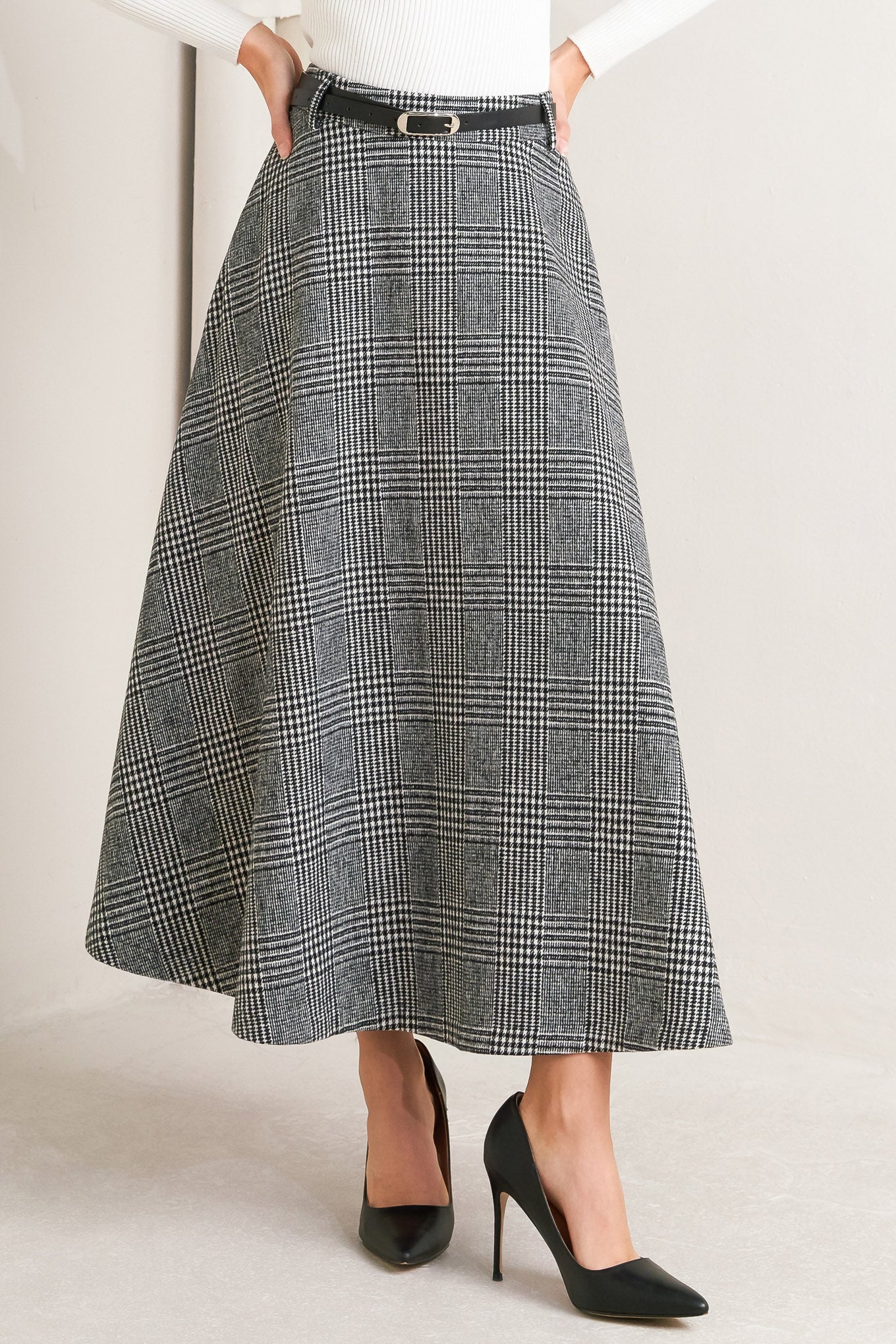 CITY CHECKLINE WOOLEN WOVEN MIDI SKIRT Flying Tomato